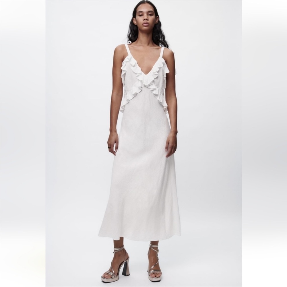 Zara White Linen Midi Ruffle Dress Size Small